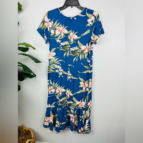 Two Palms Hawaiian Paris Orchid Floral Mermaid Pleated Midi Dress - Picture 7 of 7